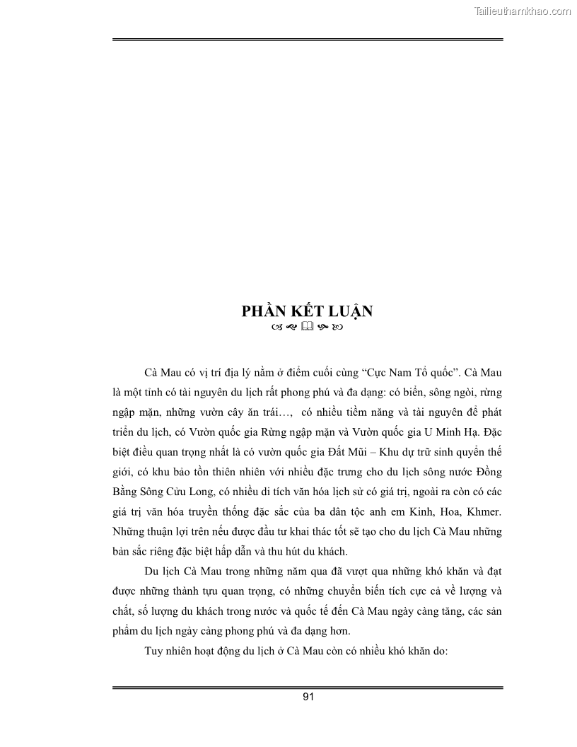 Luận văn Đánh giá thực trạng và định hướng phát triển du lịch tỉnh Cà Mau - 8 Trang 91