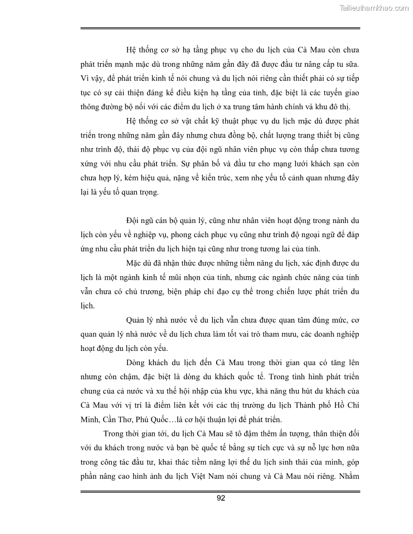 Luận văn Đánh giá thực trạng và định hướng phát triển du lịch tỉnh Cà Mau - 8 Trang 92