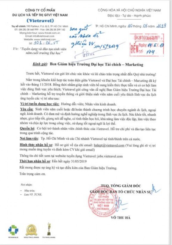 Nghiên cứu sinh PHỤ LỤC 14 Công văn hợp tác với cơ sở đào tạo của Vietravel 1