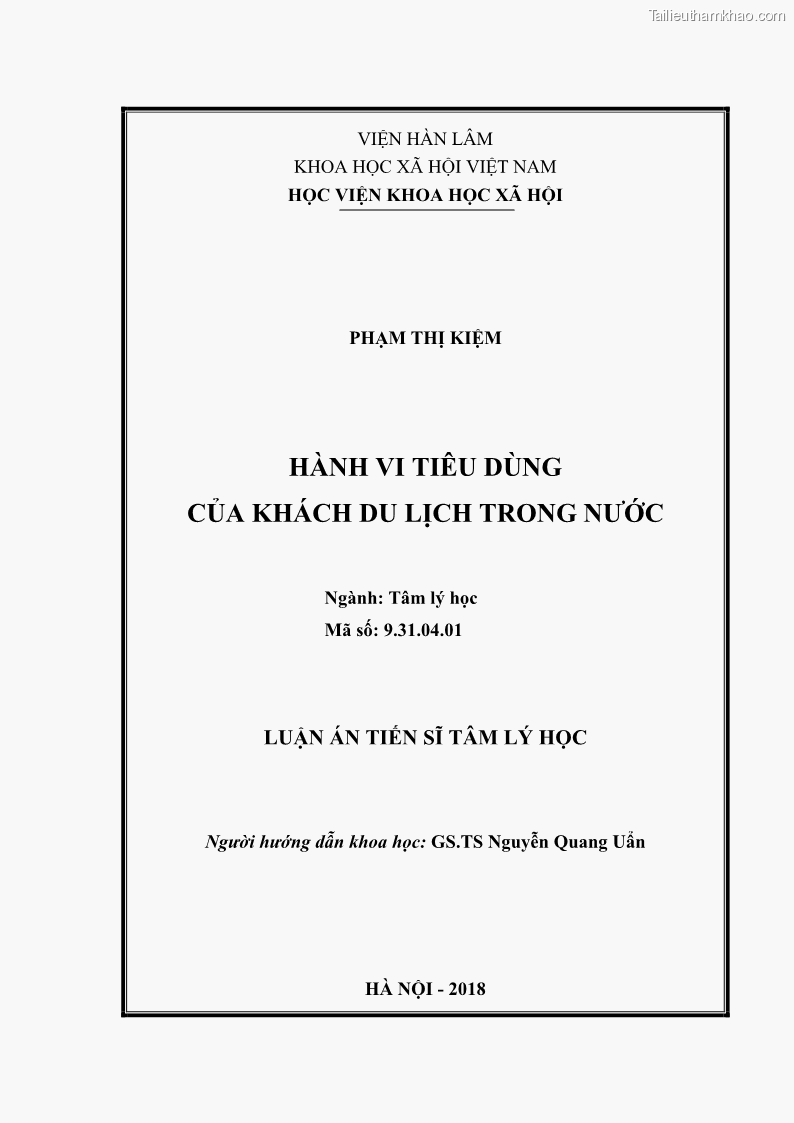 Luận án tiến sĩ tâm lý học Hành vi tiêu dùng của khách du lịch trong nước - 1 Trang 1
