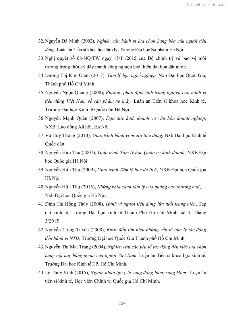 Luận án tiến sĩ tâm lý học Hành vi tiêu dùng của khách du lịch trong nước - 14 Trang 161