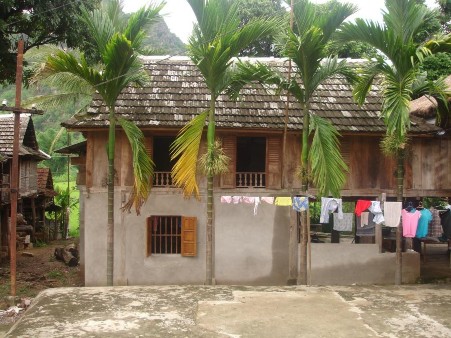 Nhà sàn bê tông hóa ở bản Lác cùng hàng cau điển hình của làng quê dân tộc 1