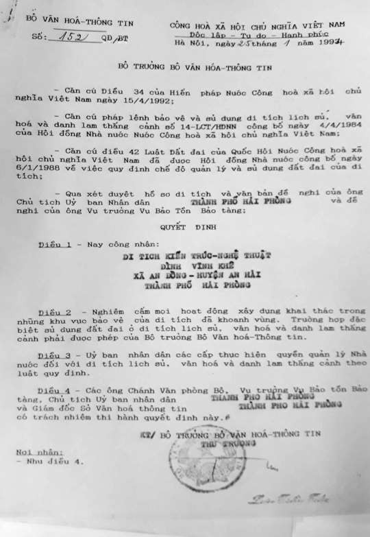 DI TÍCH 1 1 Quyết định công nhận di tích kiến trúc nghệ thuật đình Vĩnh Khê 1
