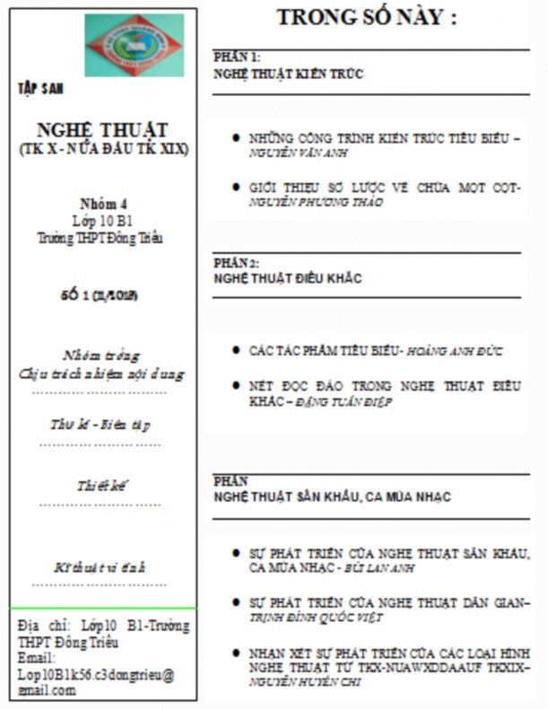 Chú thích Trang bìa trong của Tập san Nghệ thuật Dự án Văn hóa Việt Nam từ 2