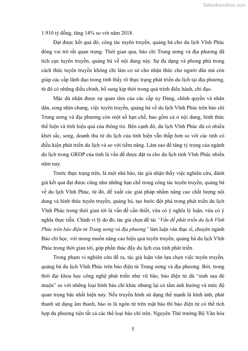 Luận văn thạc sĩ báo chí học Vấn đề phát triển du lịch Vĩnh Phúc trên báo điện tử trung ương và địa phương - 1 Trang 9