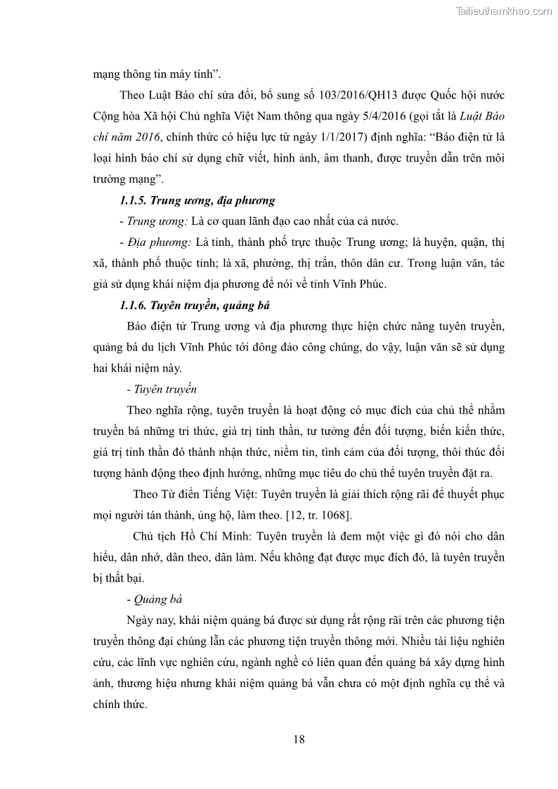 Luận văn thạc sĩ báo chí học Vấn đề phát triển du lịch Vĩnh Phúc trên báo điện tử trung ương và địa phương - 2 Trang 22