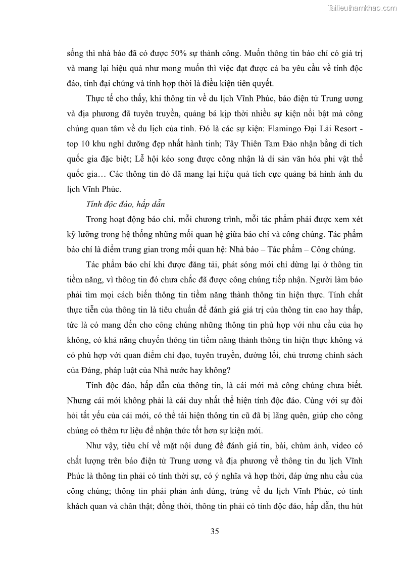Luận văn thạc sĩ báo chí học Vấn đề phát triển du lịch Vĩnh Phúc trên báo điện tử trung ương và địa phương - 4 Trang 39