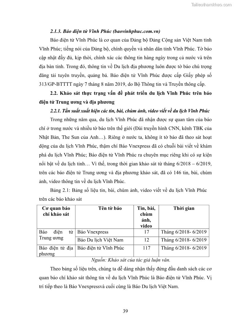 Luận văn thạc sĩ báo chí học Vấn đề phát triển du lịch Vĩnh Phúc trên báo điện tử trung ương và địa phương - 4 Trang 43