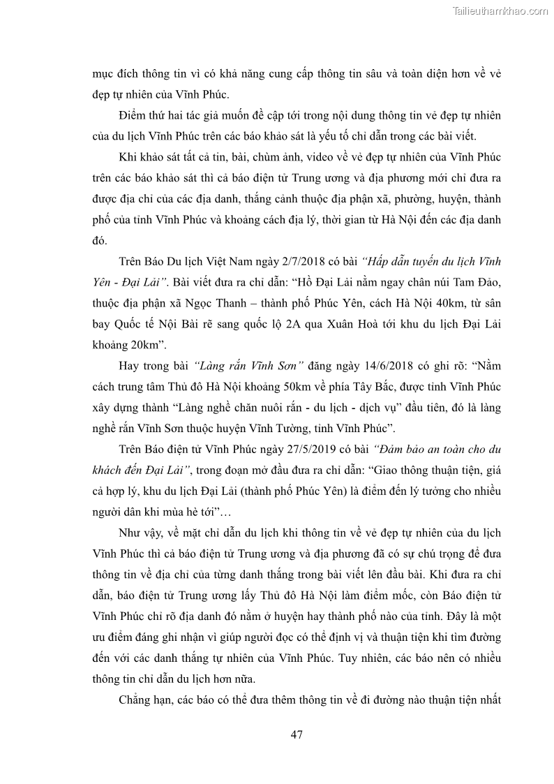 Luận văn thạc sĩ báo chí học Vấn đề phát triển du lịch Vĩnh Phúc trên báo điện tử trung ương và địa phương - 5 Trang 51