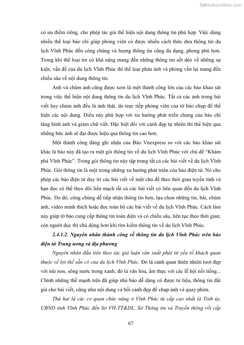 Luận văn thạc sĩ báo chí học Vấn đề phát triển du lịch Vĩnh Phúc trên báo điện tử trung ương và địa phương - 6 Trang 71