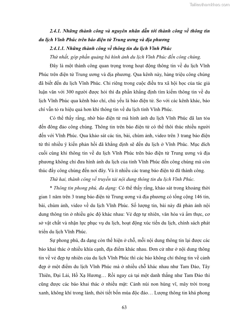 Luận văn thạc sĩ báo chí học Vấn đề phát triển du lịch Vĩnh Phúc trên báo điện tử trung ương và địa phương - 6 Trang 67