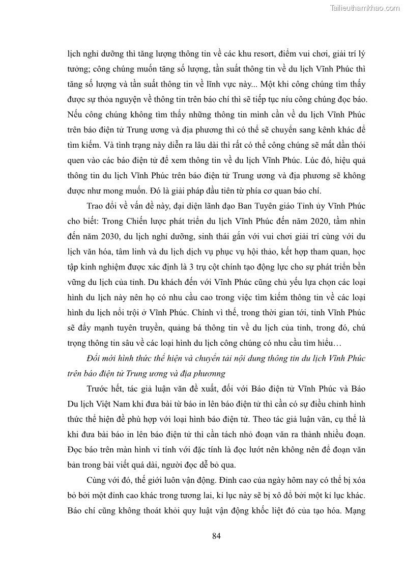 Luận văn thạc sĩ báo chí học Vấn đề phát triển du lịch Vĩnh Phúc trên báo điện tử trung ương và địa phương - 8 Trang 88