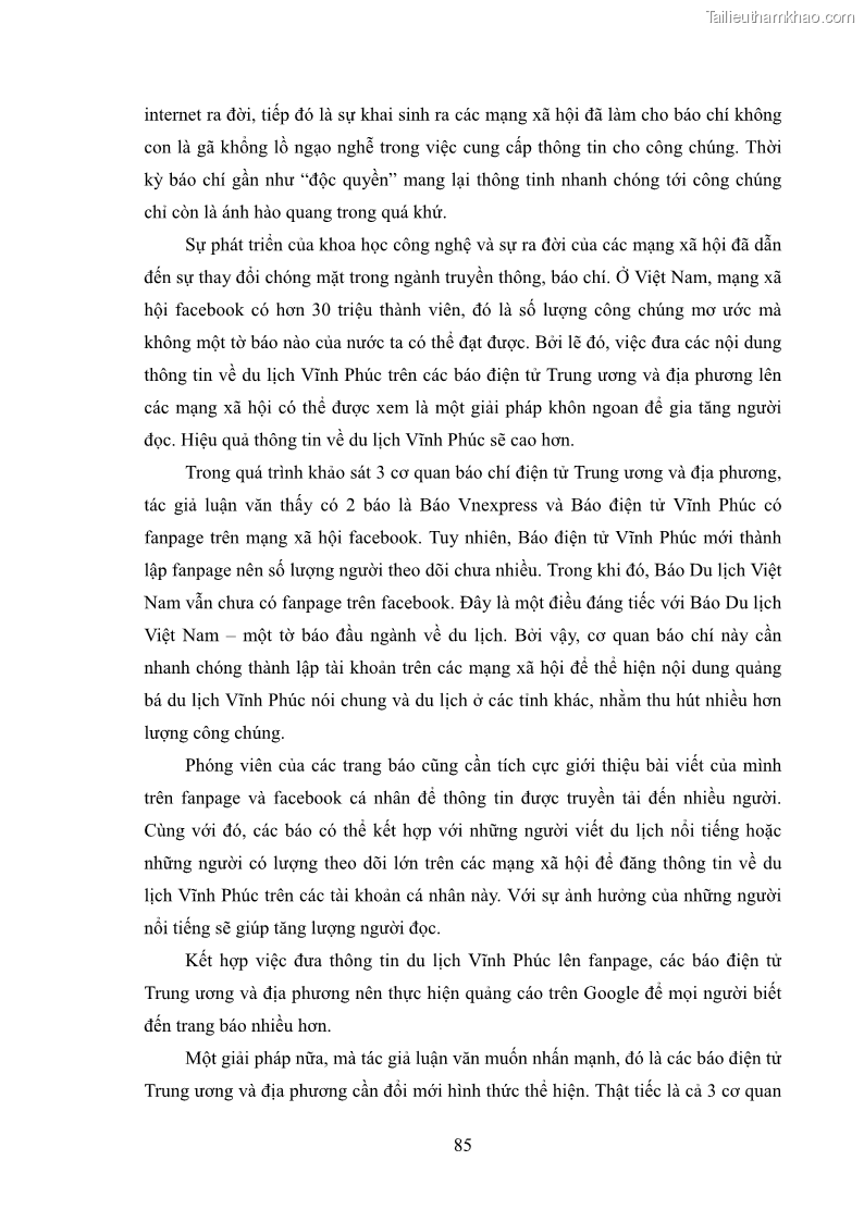 Luận văn thạc sĩ báo chí học Vấn đề phát triển du lịch Vĩnh Phúc trên báo điện tử trung ương và địa phương - 8 Trang 89