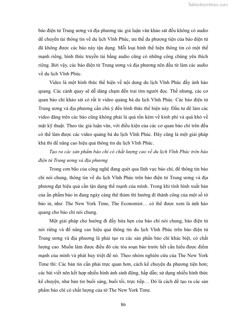 Luận văn thạc sĩ báo chí học Vấn đề phát triển du lịch Vĩnh Phúc trên báo điện tử trung ương và địa phương - 8 Trang 90