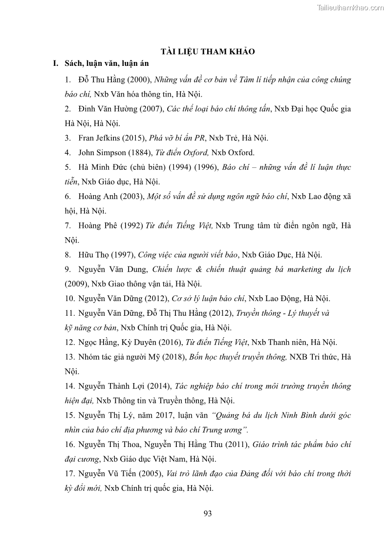 Luận văn thạc sĩ báo chí học Vấn đề phát triển du lịch Vĩnh Phúc trên báo điện tử trung ương và địa phương - 9 Trang 97