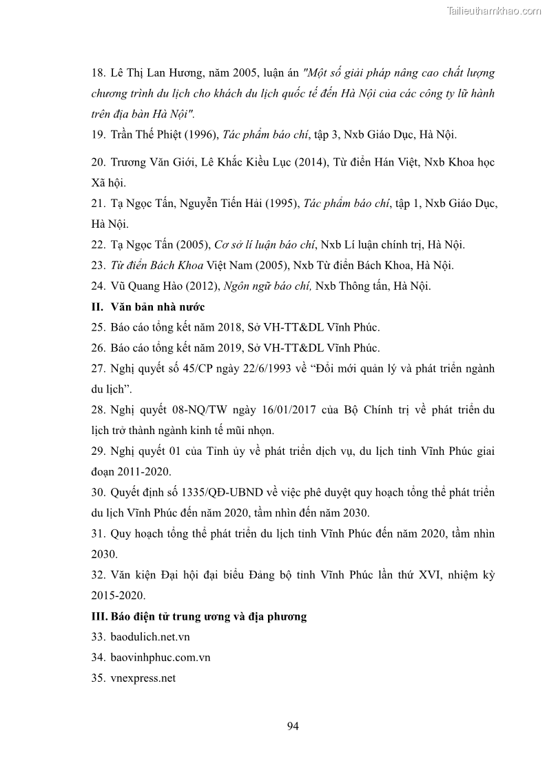 Luận văn thạc sĩ báo chí học Vấn đề phát triển du lịch Vĩnh Phúc trên báo điện tử trung ương và địa phương - 9 Trang 98