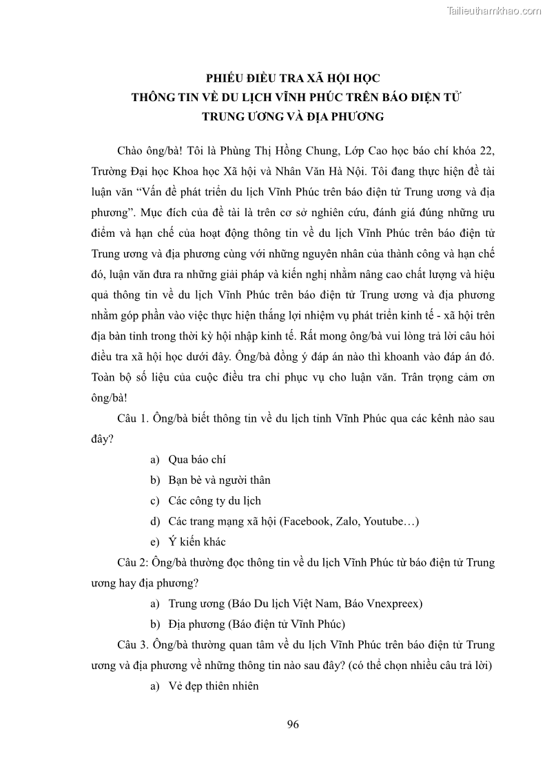 Luận văn thạc sĩ báo chí học Vấn đề phát triển du lịch Vĩnh Phúc trên báo điện tử trung ương và địa phương - 9 Trang 100