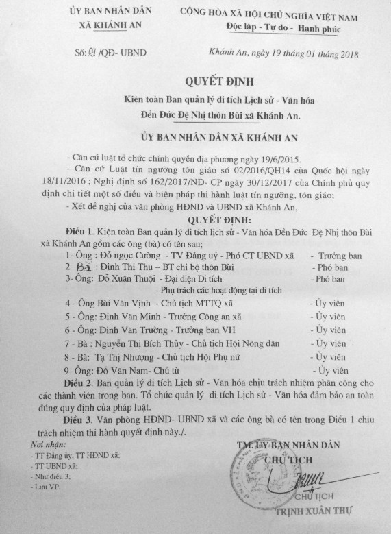 Định kiện toàn Ban quản lý di tích đền Đức Đệ Nhị xã Khánh An năm 2018 2