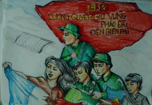 Tranh cổ động cổ vũ tinh thần đấu tranh quyết tâm giữu vững Điện Biên 2