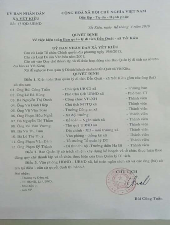 Lục 1 CÁC VĂN BẢN VỀ CÔNG TÁC QUẢN LÝ VÀ TRÙNG TU TÔN TẠO DI TÍCH ĐỀN QUÁT 1