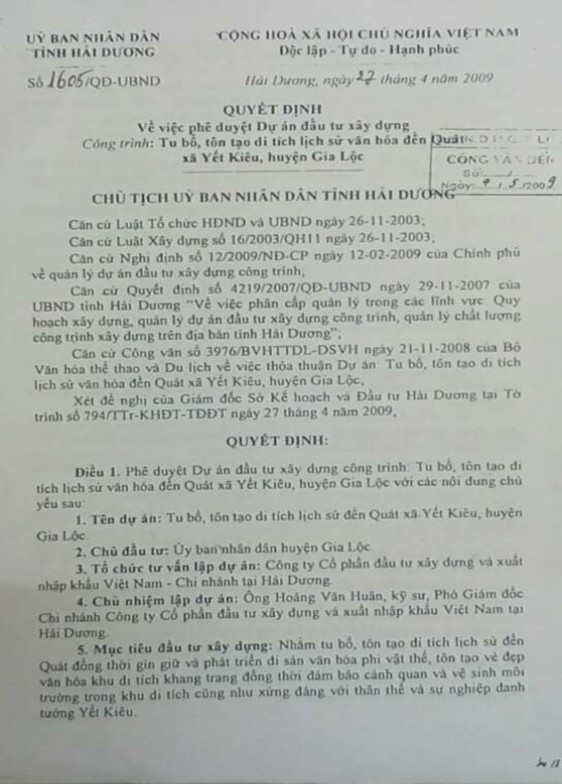 Quản lý di tích lịch sử văn hóa đền Quát, xã Yết Kiêu, huyện Gia Lộc, tỉnh Hải Dương - 14 2