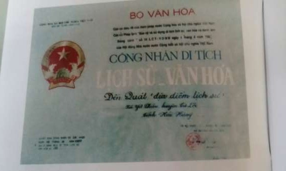 7 2 Bằng công nhận di tích lịch sử văn hóa cấp quốc gia Nguồn tác giả chụp 2