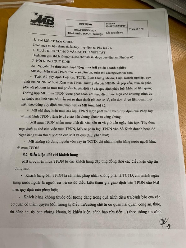 LỤC XIX QUY ĐỊNH HOẠT ĐỘNG MUA TRÁI PHIẾU DOANH NGHIỆP TẠI NGÂN HÀNG TMCP MB 6