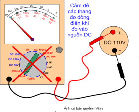 Trường hợp để nhầm thang đo dòng điện khi đo điện áp DC đồng hồ sẽ bị 1