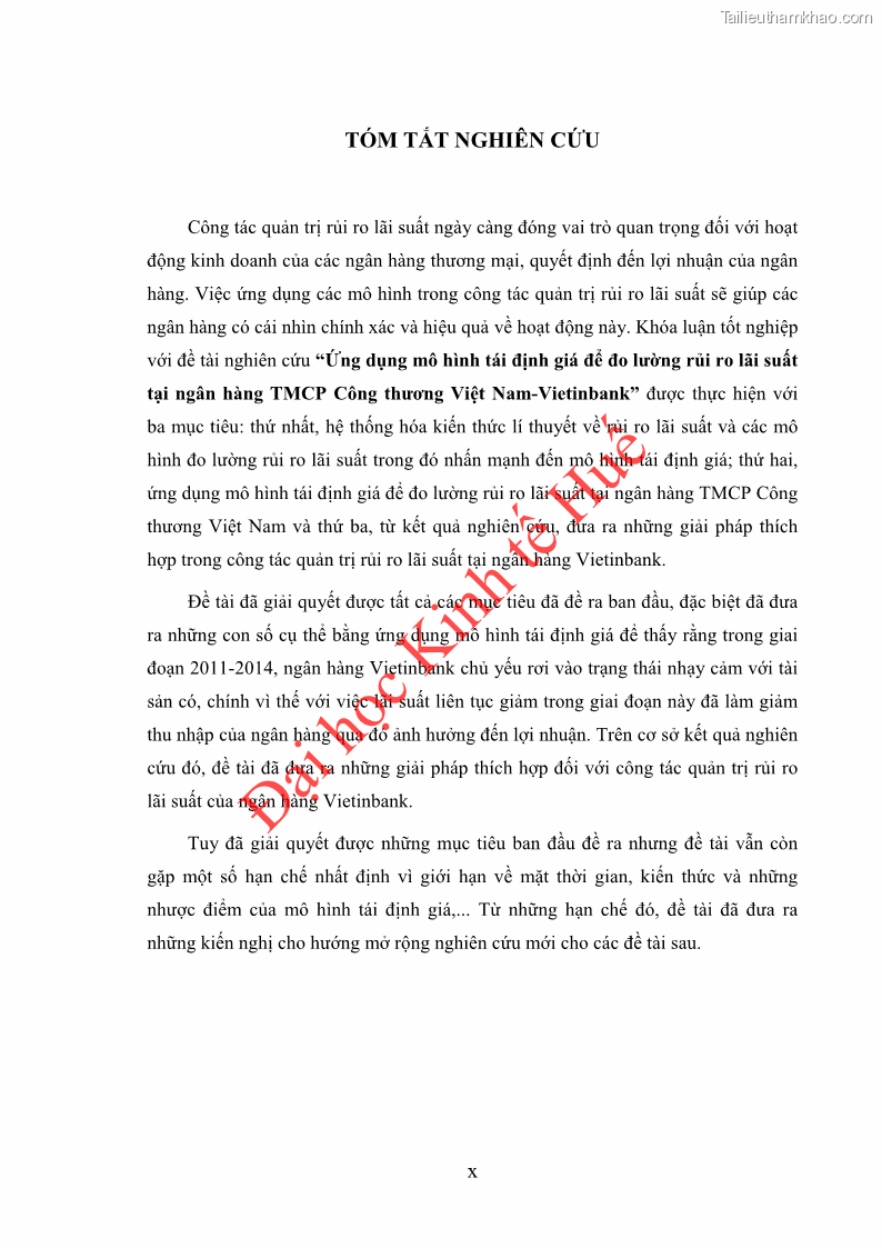 Khóa luận tốt nghiệp Ứng dụng mô hình tái định giá để đo lường rủi ro lãi suất tại Ngân hàng TMCP Công thương Việt Nam - Vietinbank - 1 Trang 10