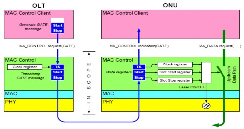 Hình 2 7 Giao thức MPCP hoạt động của bản tin Gate 2 Trong lớp MPCP của cả OLT 1