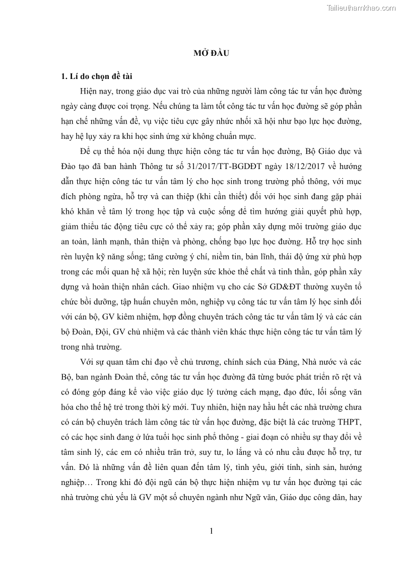Luận văn thạc sĩ khoa học giáo dục Tổ chức bồi dưỡng kỹ năng tư vấn học đường cho giáo viên trung học phổ thông vùng đặc biệt khó khăn, tỉnh Bắc Kạn - 1 Trang 11