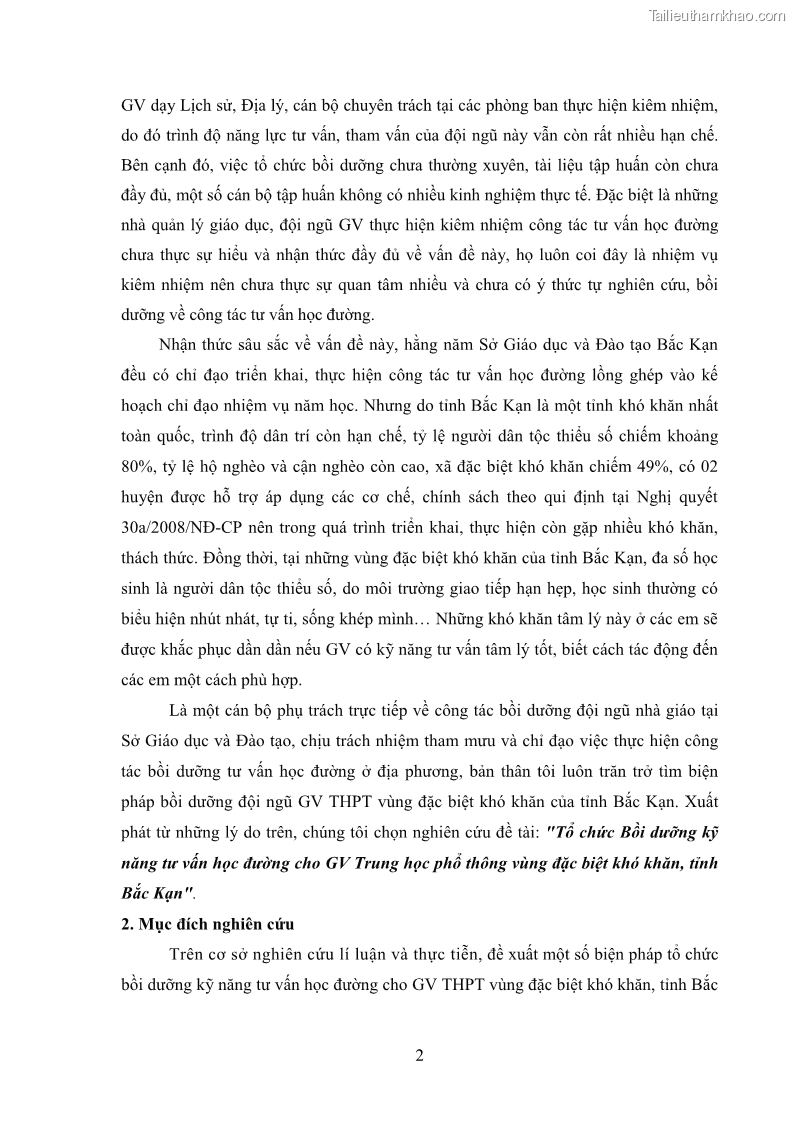 Luận văn thạc sĩ khoa học giáo dục Tổ chức bồi dưỡng kỹ năng tư vấn học đường cho giáo viên trung học phổ thông vùng đặc biệt khó khăn, tỉnh Bắc Kạn - 1 Trang 12