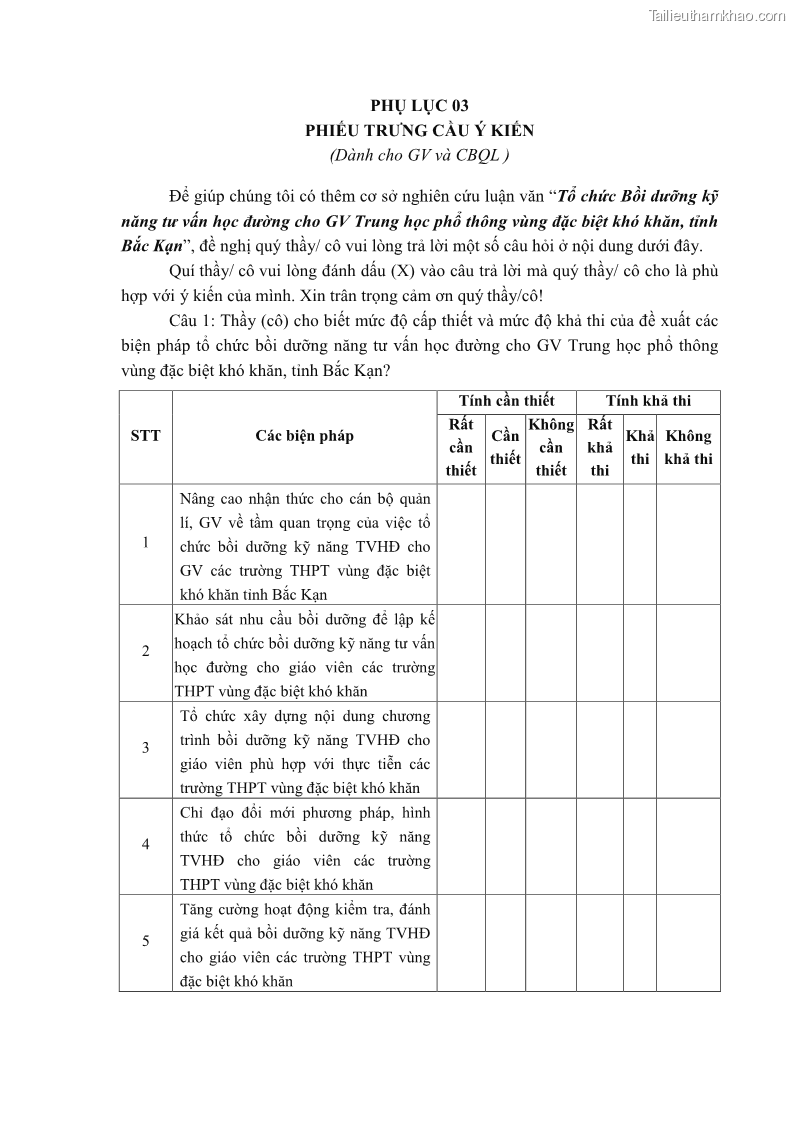 Luận văn thạc sĩ khoa học giáo dục Tổ chức bồi dưỡng kỹ năng tư vấn học đường cho giáo viên trung học phổ thông vùng đặc biệt khó khăn, tỉnh Bắc Kạn - 10 Trang 112