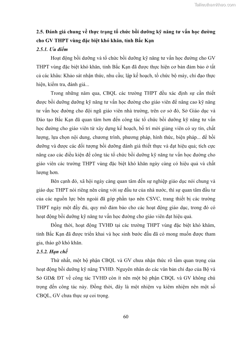 Luận văn thạc sĩ khoa học giáo dục Tổ chức bồi dưỡng kỹ năng tư vấn học đường cho giáo viên trung học phổ thông vùng đặc biệt khó khăn, tỉnh Bắc Kạn - 6 Trang 70