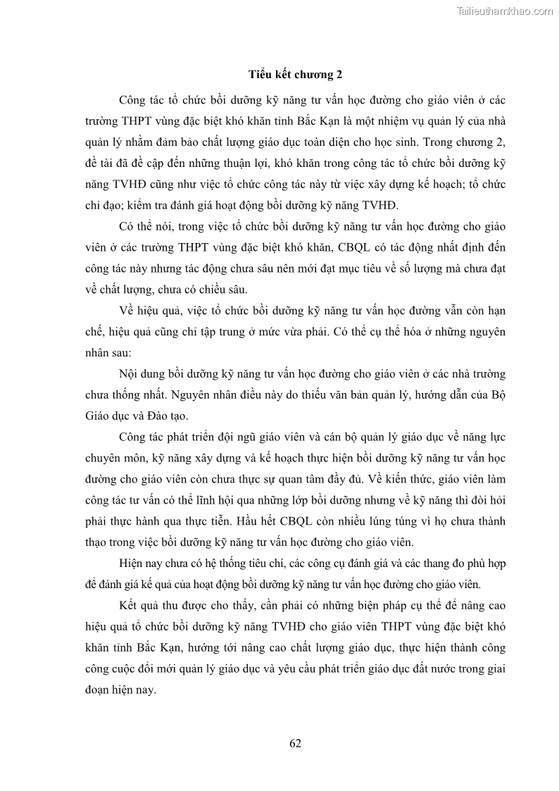 Luận văn thạc sĩ khoa học giáo dục Tổ chức bồi dưỡng kỹ năng tư vấn học đường cho giáo viên trung học phổ thông vùng đặc biệt khó khăn, tỉnh Bắc Kạn - 6 Trang 72