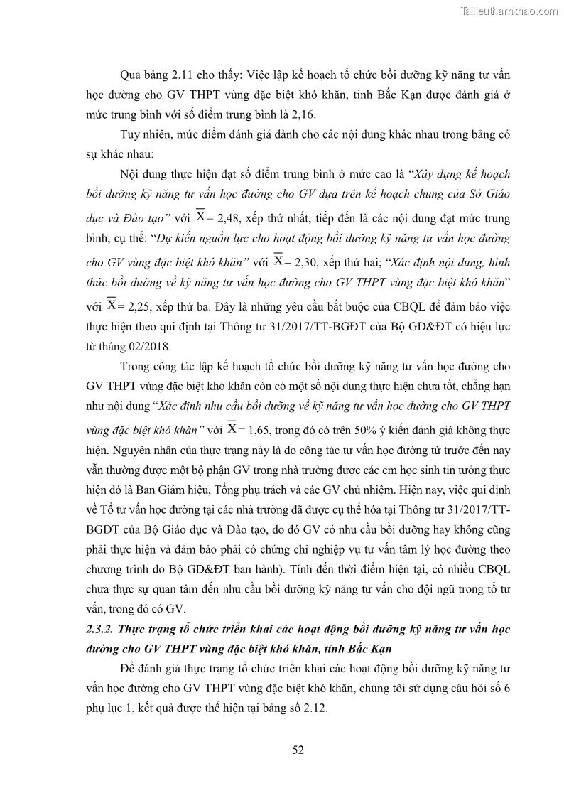 Luận văn thạc sĩ khoa học giáo dục Tổ chức bồi dưỡng kỹ năng tư vấn học đường cho giáo viên trung học phổ thông vùng đặc biệt khó khăn, tỉnh Bắc Kạn - 6 Trang 62