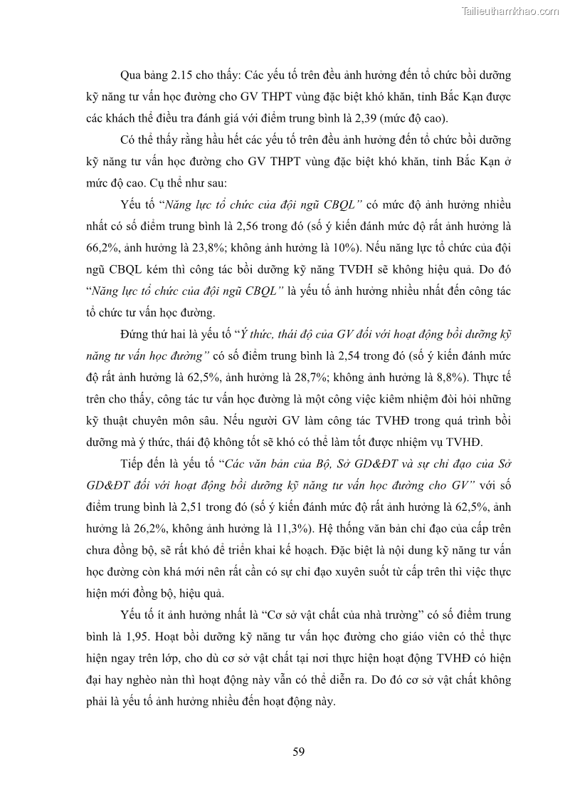 Luận văn thạc sĩ khoa học giáo dục Tổ chức bồi dưỡng kỹ năng tư vấn học đường cho giáo viên trung học phổ thông vùng đặc biệt khó khăn, tỉnh Bắc Kạn - 6 Trang 69