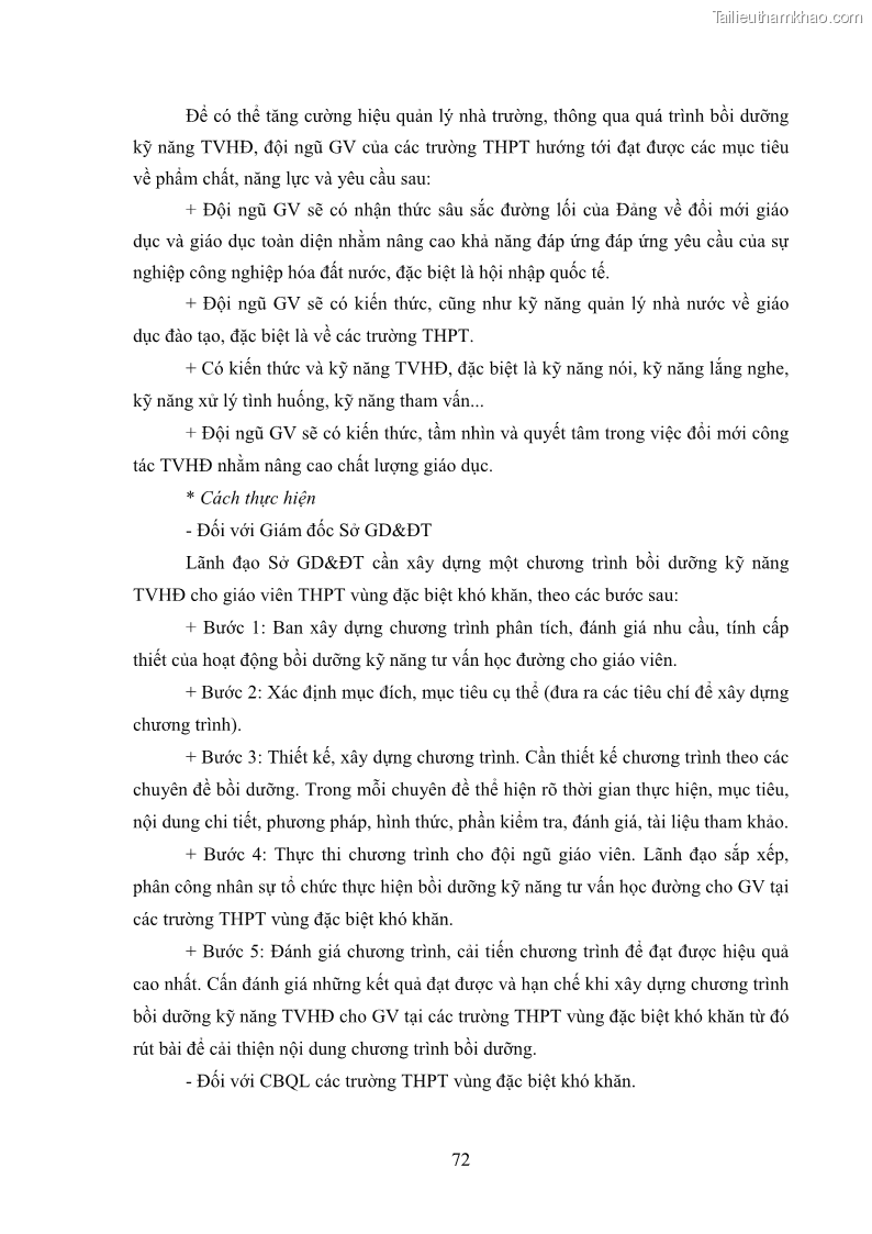 Luận văn thạc sĩ khoa học giáo dục Tổ chức bồi dưỡng kỹ năng tư vấn học đường cho giáo viên trung học phổ thông vùng đặc biệt khó khăn, tỉnh Bắc Kạn - 7 Trang 82