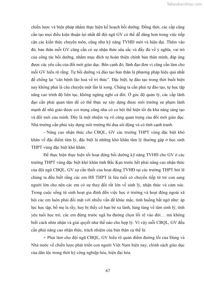 Luận văn thạc sĩ khoa học giáo dục Tổ chức bồi dưỡng kỹ năng tư vấn học đường cho giáo viên trung học phổ thông vùng đặc biệt khó khăn, tỉnh Bắc Kạn - 7 Trang 77
