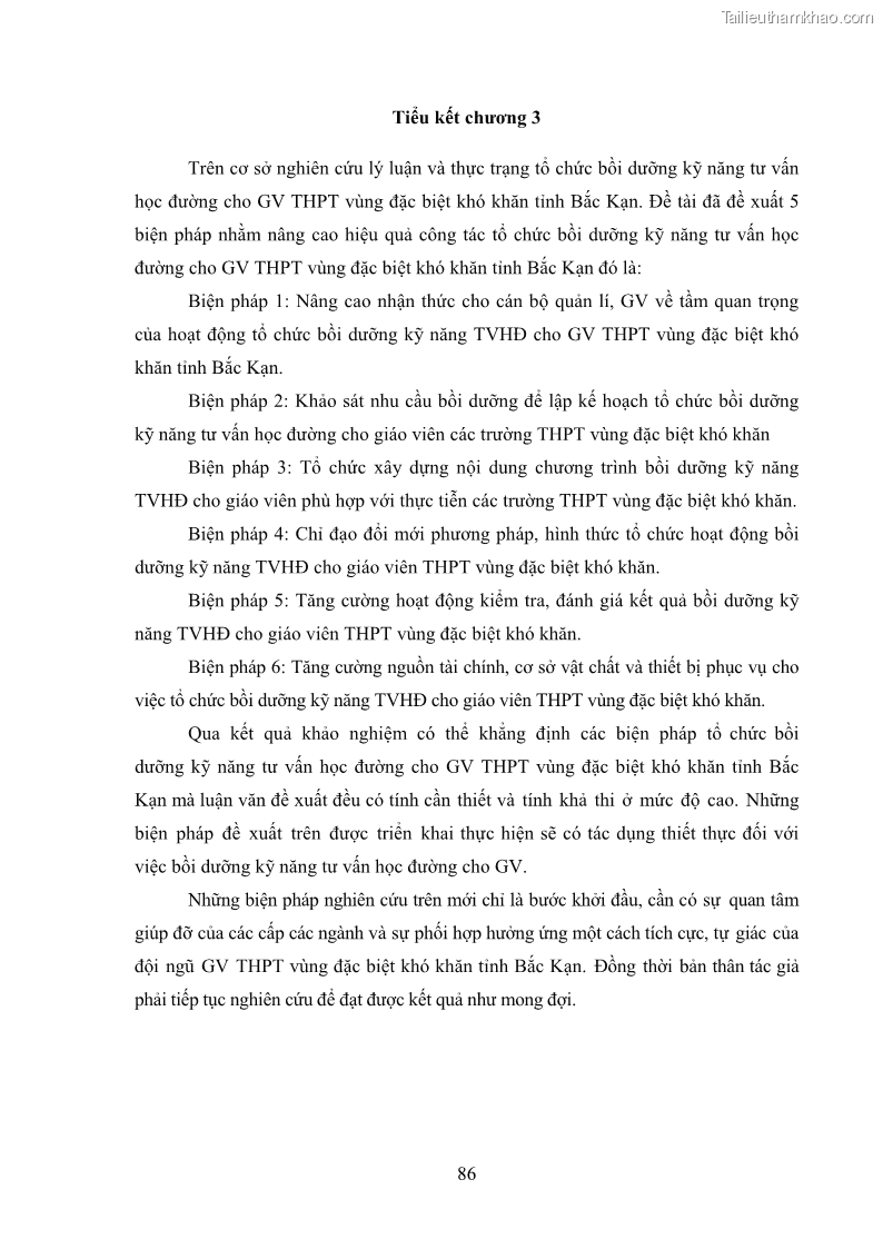 Luận văn thạc sĩ khoa học giáo dục Tổ chức bồi dưỡng kỹ năng tư vấn học đường cho giáo viên trung học phổ thông vùng đặc biệt khó khăn, tỉnh Bắc Kạn - 8 Trang 96