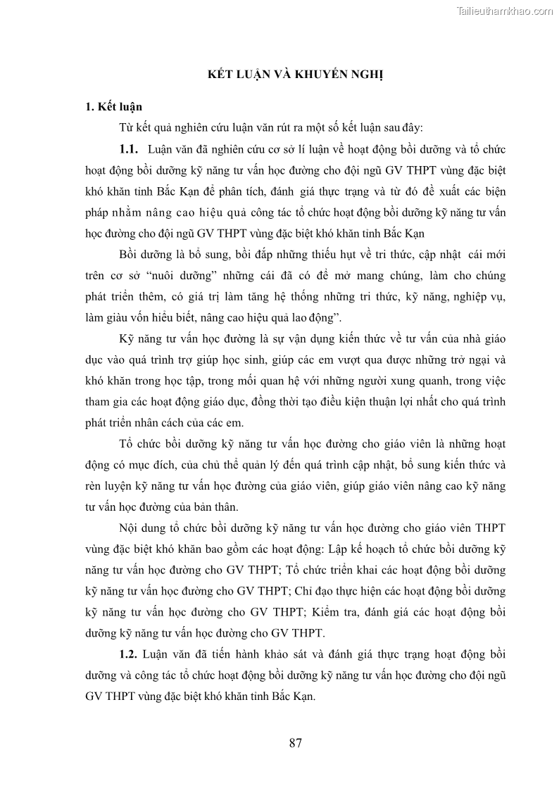 Luận văn thạc sĩ khoa học giáo dục Tổ chức bồi dưỡng kỹ năng tư vấn học đường cho giáo viên trung học phổ thông vùng đặc biệt khó khăn, tỉnh Bắc Kạn - 9 Trang 97