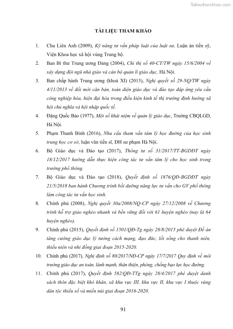 Luận văn thạc sĩ khoa học giáo dục Tổ chức bồi dưỡng kỹ năng tư vấn học đường cho giáo viên trung học phổ thông vùng đặc biệt khó khăn, tỉnh Bắc Kạn - 9 Trang 101