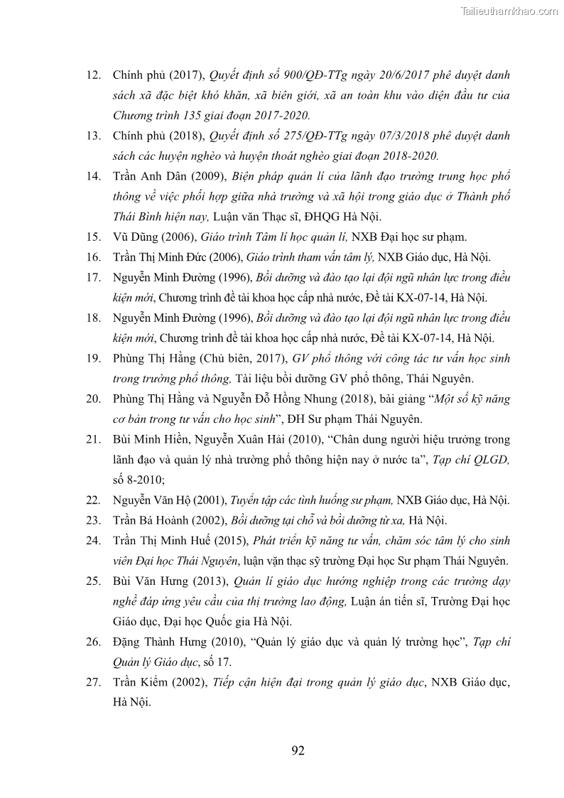 Luận văn thạc sĩ khoa học giáo dục Tổ chức bồi dưỡng kỹ năng tư vấn học đường cho giáo viên trung học phổ thông vùng đặc biệt khó khăn, tỉnh Bắc Kạn - 9 Trang 102