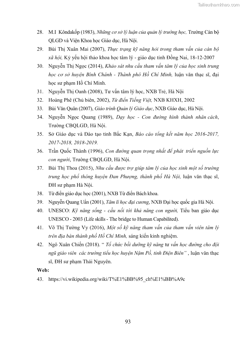 Luận văn thạc sĩ khoa học giáo dục Tổ chức bồi dưỡng kỹ năng tư vấn học đường cho giáo viên trung học phổ thông vùng đặc biệt khó khăn, tỉnh Bắc Kạn - 9 Trang 103