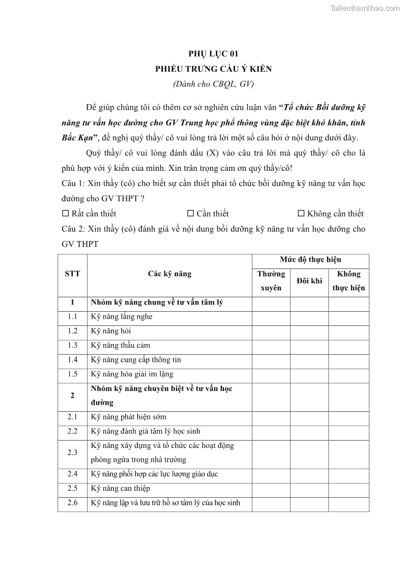 Luận văn thạc sĩ khoa học giáo dục Tổ chức bồi dưỡng kỹ năng tư vấn học đường cho giáo viên trung học phổ thông vùng đặc biệt khó khăn, tỉnh Bắc Kạn - 9 Trang 104