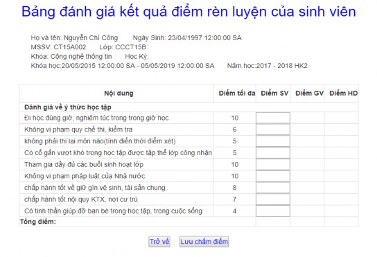 Hình 4 3 Bảng chấm điểm của sinh viên 4 3 2 Bảng xem điểm rèn luyện của sinh 5