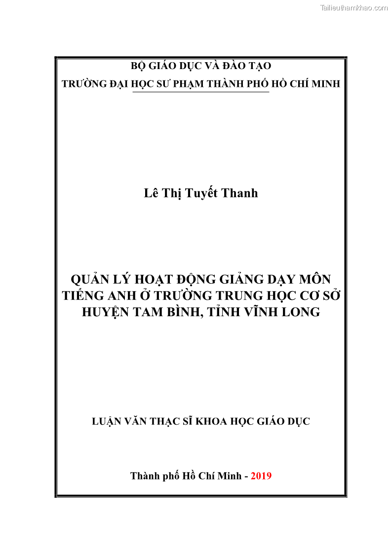 Luận văn thạc sĩ khoa học giáo dục Quản lý hoạt động giảng dạy môn Tiếng Anh ở trường trung học cơ sở huyện Tam Bình, tỉnh Vĩnh Long - 1 Trang 1