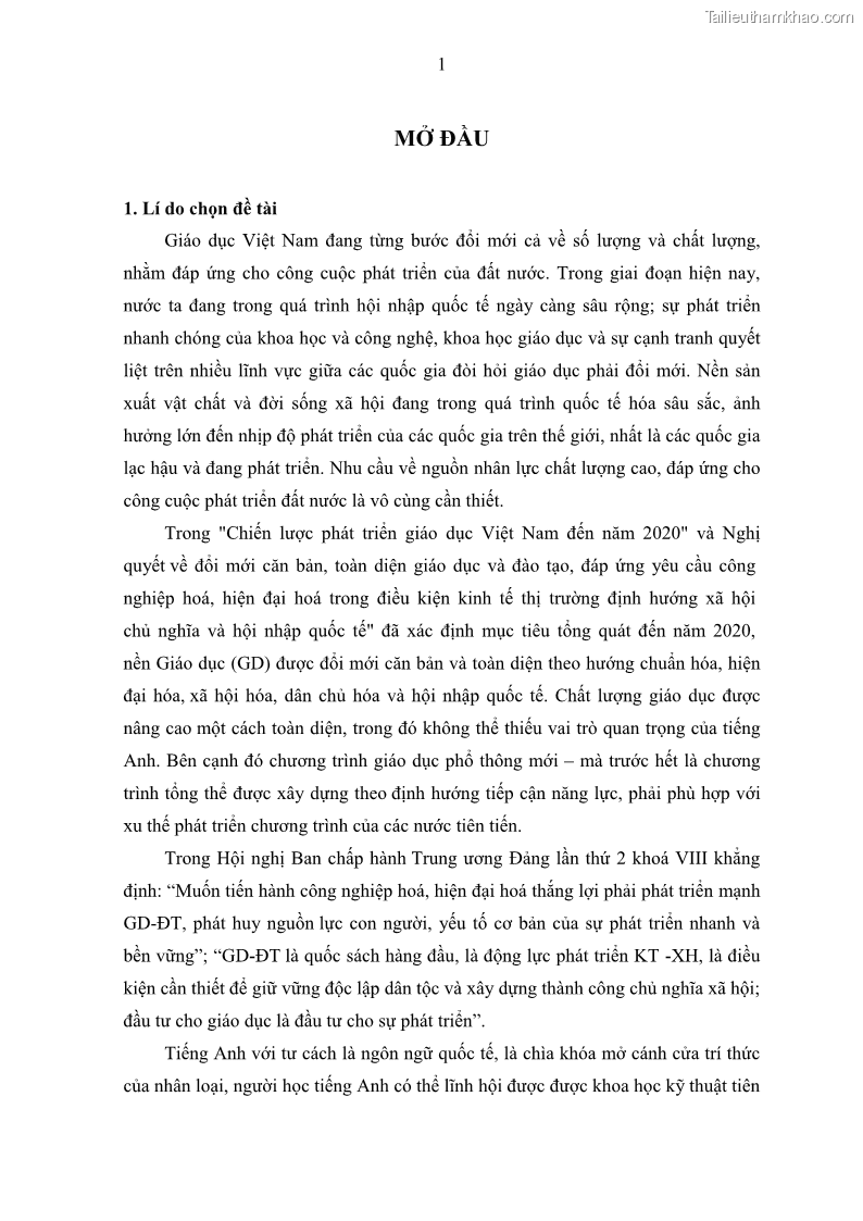 Luận văn thạc sĩ khoa học giáo dục Quản lý hoạt động giảng dạy môn Tiếng Anh ở trường trung học cơ sở huyện Tam Bình, tỉnh Vĩnh Long - 1 Trang 10