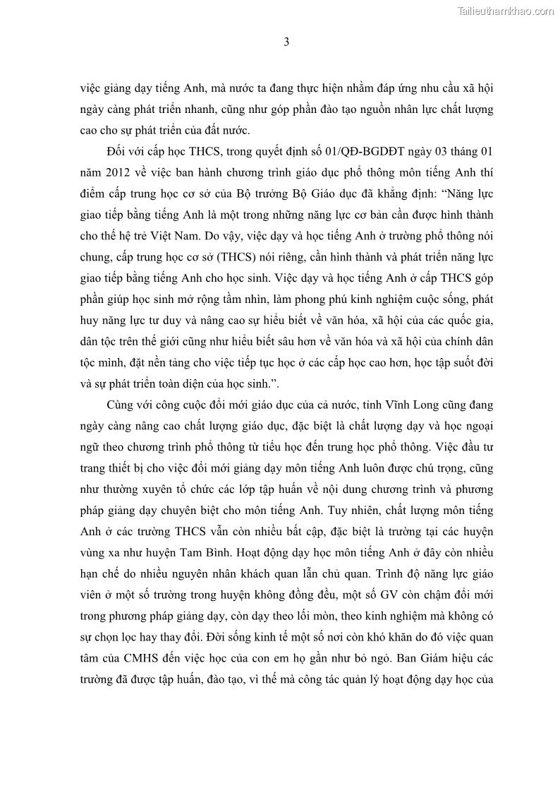 Luận văn thạc sĩ khoa học giáo dục Quản lý hoạt động giảng dạy môn Tiếng Anh ở trường trung học cơ sở huyện Tam Bình, tỉnh Vĩnh Long - 1 Trang 12