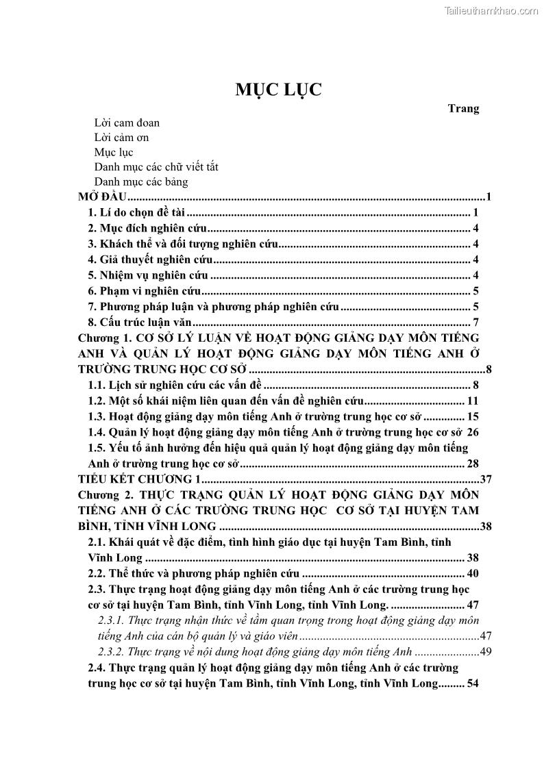 Luận văn thạc sĩ khoa học giáo dục Quản lý hoạt động giảng dạy môn Tiếng Anh ở trường trung học cơ sở huyện Tam Bình, tỉnh Vĩnh Long - 1 Trang 5